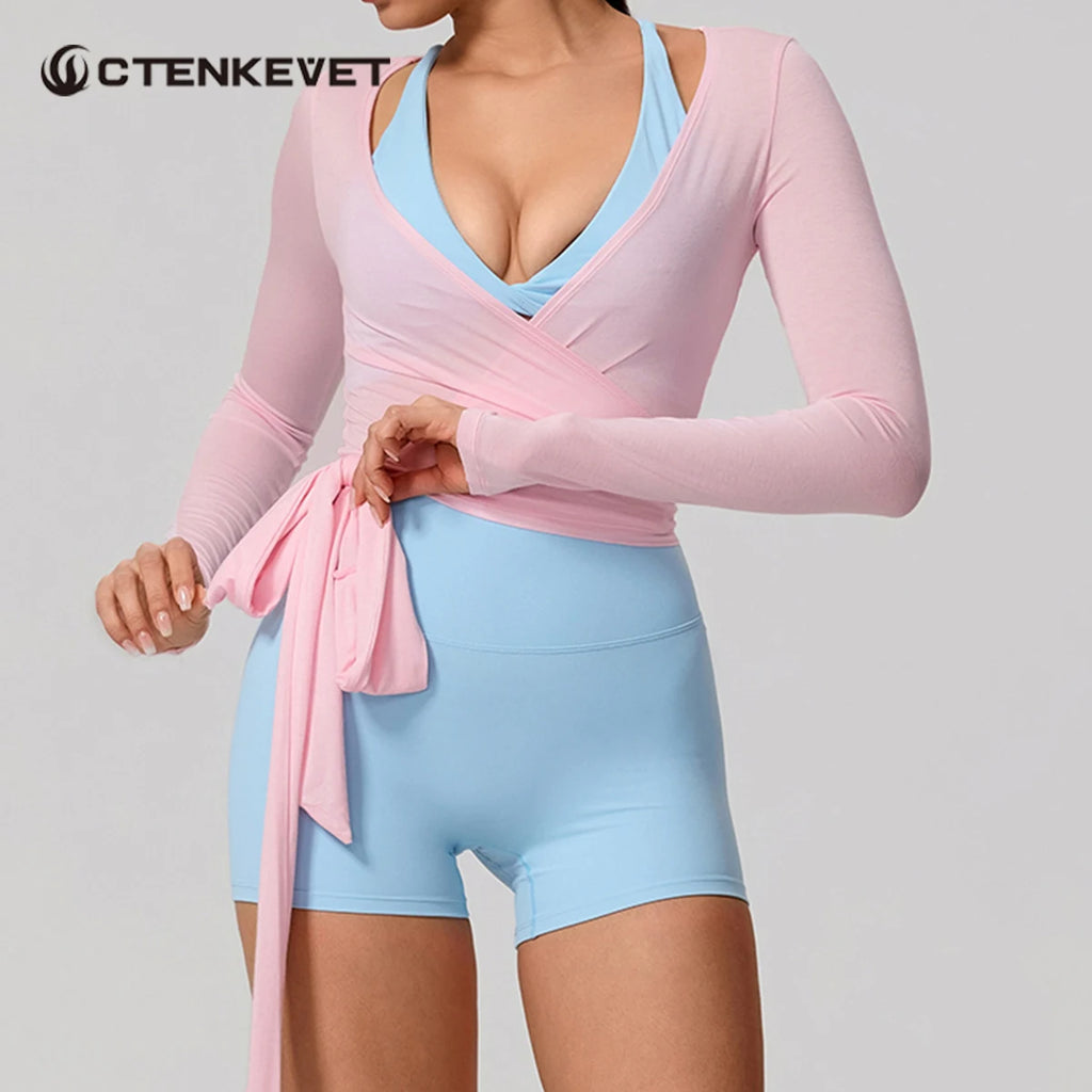 New Summer Women's Yoga Long Sleeve One Piece Strap Yoga Clothing Female Training Premium Ballet Wrap TopsWoman Gym Sports Top