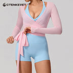New Summer Women's Yoga Long Sleeve One Piece Strap Yoga Clothing Female Training Premium Ballet Wrap TopsWoman Gym Sports Top
