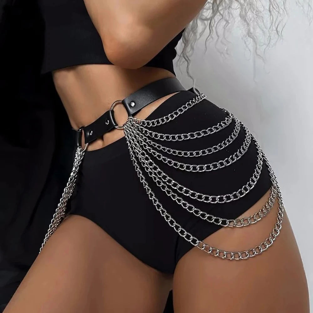 Gothic Punk Black PU Leather Belt with Fringe, Adjustable Harness Waist Chain for Women, Rockabilly Halloween Festival Accessory Main image