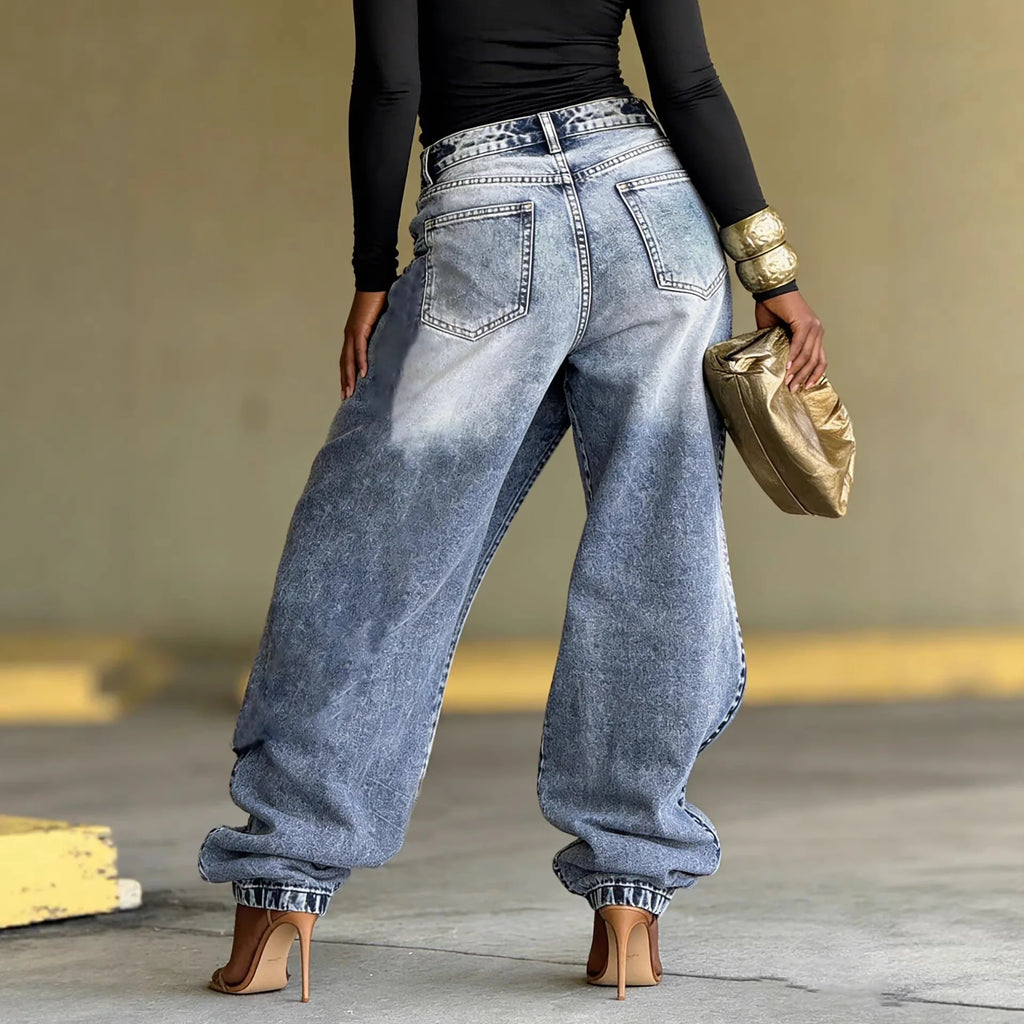 Jeans Women Vintage Wide Leg Pants Denims Washed Streetwear Patchwork Patches Straight Trousers Distressed Floor Length 2026