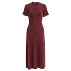 Summer Solid Round Neck Short Sleeved Office Lady Knitted Dress Women Korean Single Breasted Hollow Out Long Dress Fashion Trend