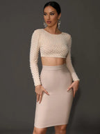 Sexy O Neck Long Sleeve Mesh Pearl Beige Black Celebrity Midi Women Bandage Set 2024 Designer Evening Party Women's Set