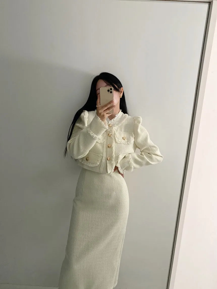 Beige Tweed Jacket + High Waisted Skirts Women Winter  Golden Button 2 Piece Sets Wool Luxury Vintage Skirts Sets Autumn