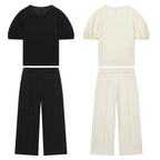 HH Women Elegant Beige Matching Set O Neck T-Shirt Solid Puff Sleeve Top Casual Lady Wide Leg Trousers High Street Chic Outfit
