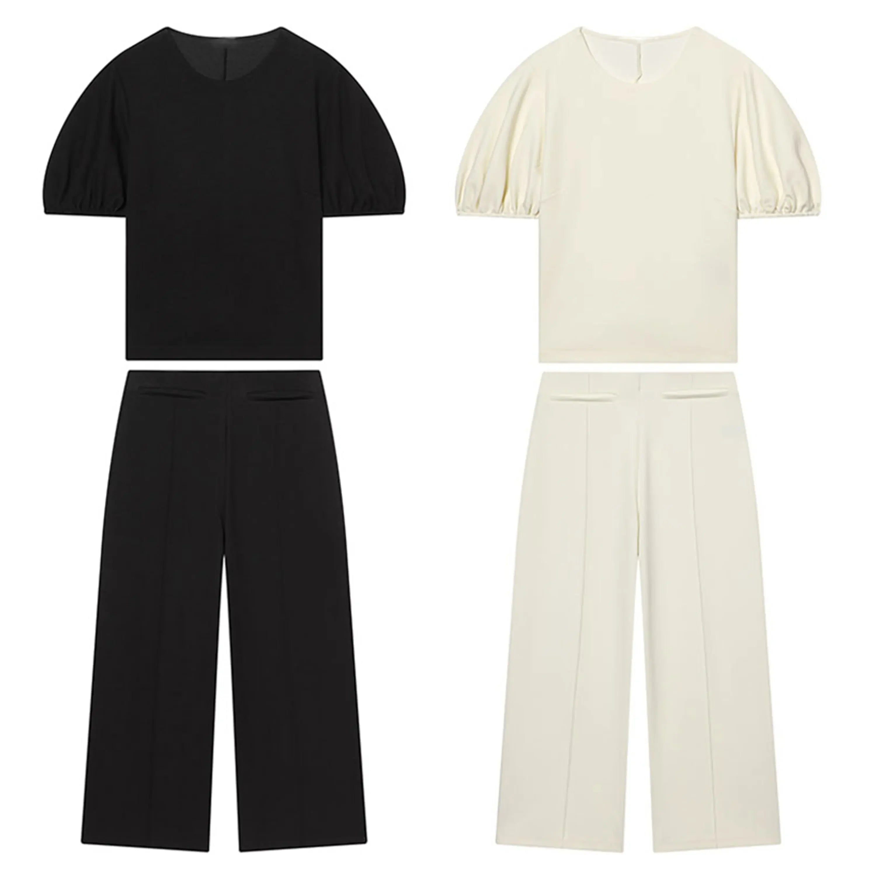 HH Women Elegant Beige Matching Set O Neck T-Shirt Solid Puff Sleeve Top Casual Lady Wide Leg Trousers High Street Chic Outfit