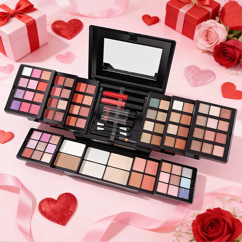 MISS ROSE 104 Color Eye Shadow Powder Puff High Gloss Lipstick Mirror Makeup Durable Easy Makeup Multi-Function Makeup Set