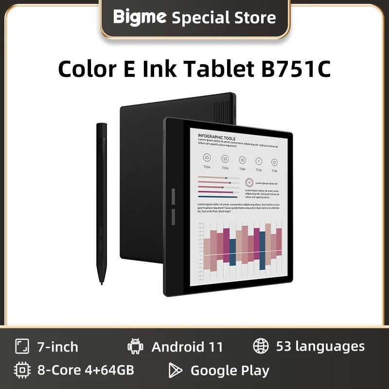 BIGME B751C Ebook Reader, 7 inch Color E-ink Screen Tablet, Portable Electronic Book ereader, Android 11 OS, support Google Play Main image