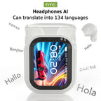 Auriculares Traductor DeIdioma 2026 HTC NE20 Translator Earbuds 6in1 iOs Android 60H Playtime Business Travel Meeting LCD Touch