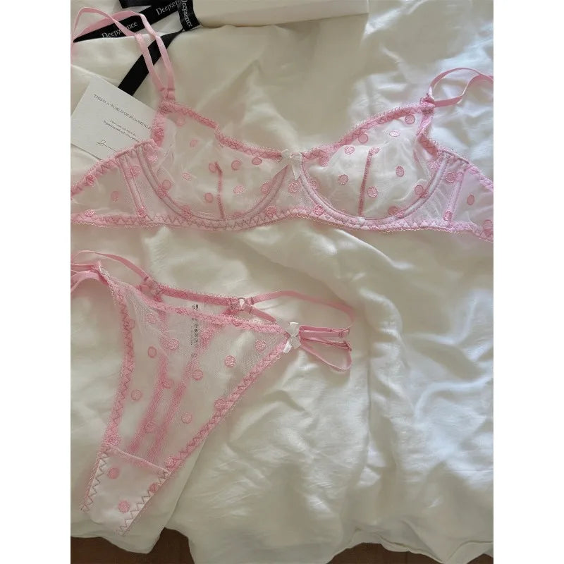 French Retro Lace Bra & Thong Set | Sexy Polka Dot Sheer Mesh Lingerie for Plus Size Big Bust, Ultra Thin MOYISU Panty TUSHY Set Secondary image