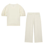 HH Women Elegant Beige Matching Set O Neck T-Shirt Solid Puff Sleeve Top Casual Lady Wide Leg Trousers High Street Chic Outfit