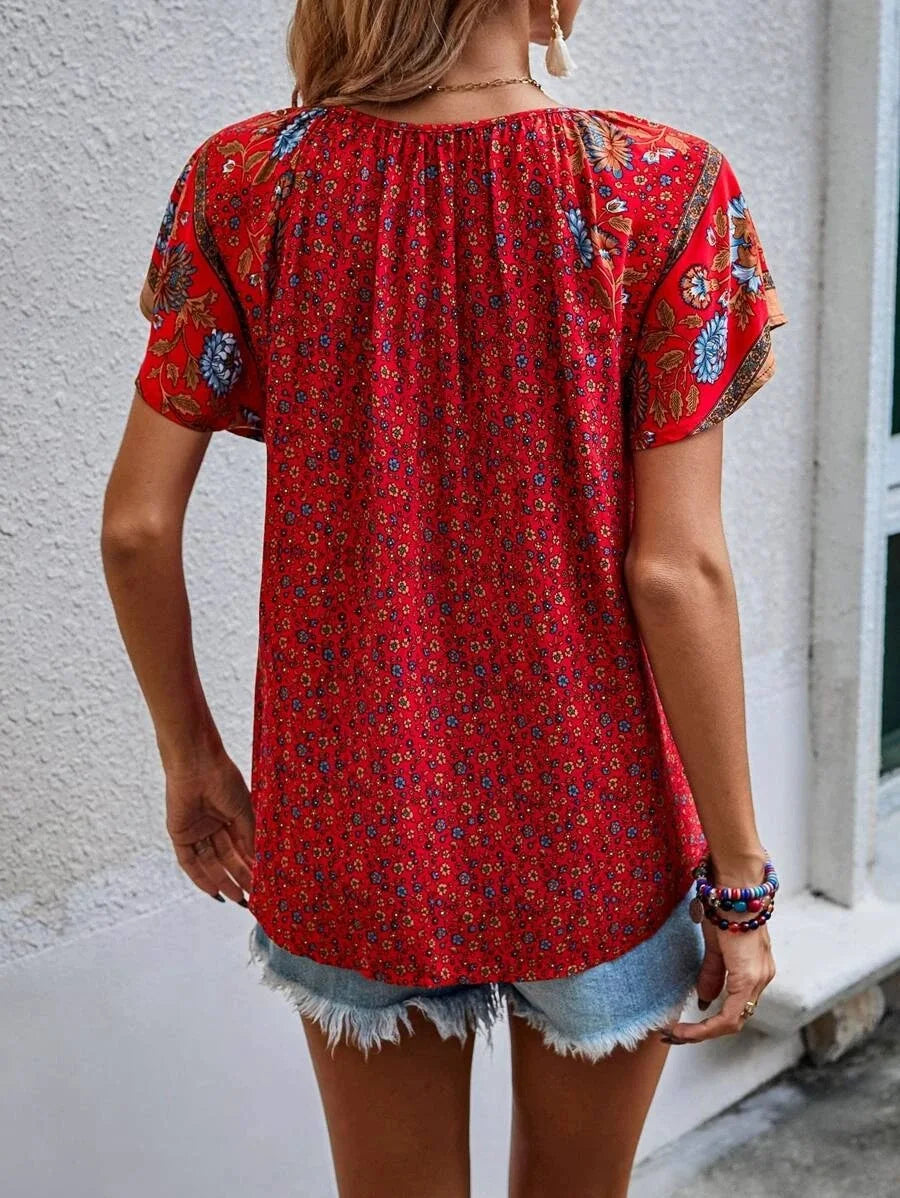 Summer Floral Print Blouses For Women Fashion V Neck Short Sleeve Boho Beach Casual Tops Female Elegant Shirt New Womenes Secondary image