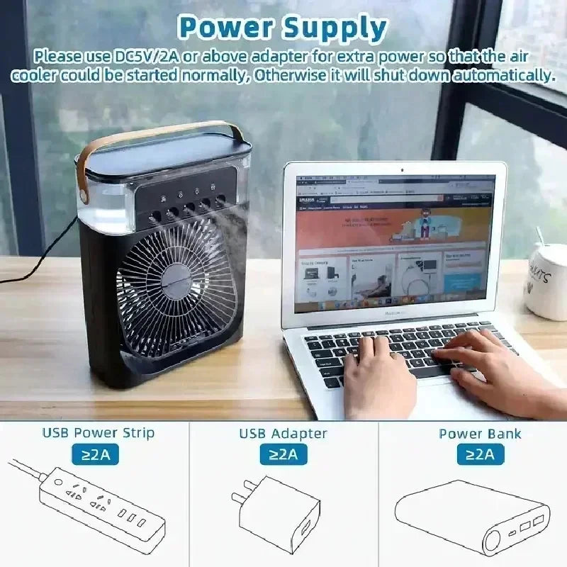 3 In 1 Mini Air Cooler Fan Portable Household Air Conditioner Humidifier LED Night Light For Home Office Desk Use25.5x18.5x8cm