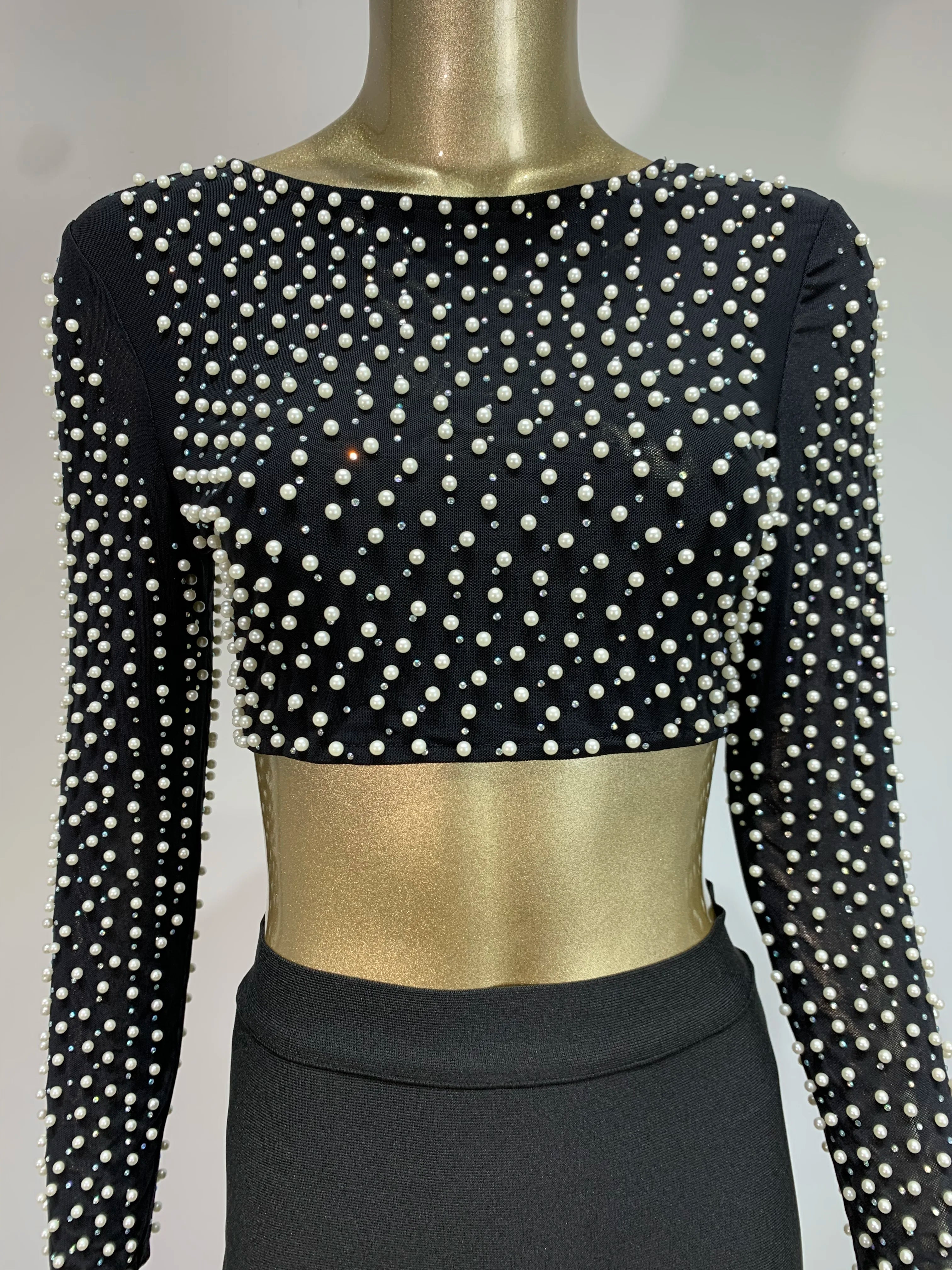 Sexy O Neck Long Sleeve Mesh Pearl Beige Black Celebrity Midi Women Bandage Set 2024 Designer Evening Party Women's Set