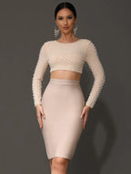 Sexy O Neck Long Sleeve Mesh Pearl Beige Black Celebrity Midi Women Bandage Set 2024 Designer Evening Party Women's Set