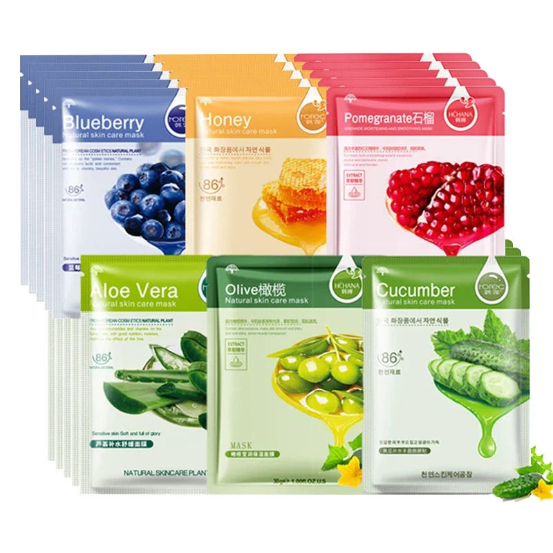 20pcs Natural Plant Facial Mask Moisturizing Oil Control Anti-Aging Fruit Aloe Korean Sheet Face Mask Beauty Skin Care Prodcuts