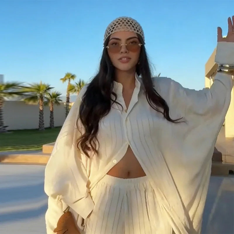 Beige Two Piece Set Women Oversized Button Down Shirt & High Waist Wide Leg Pants Y2k Summer Vacation Kaftan Outfit