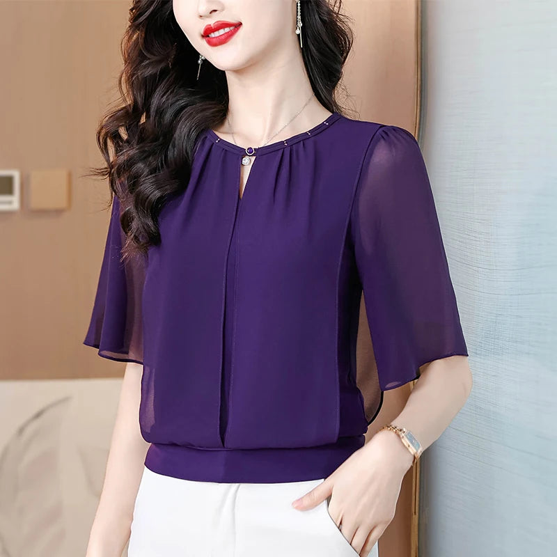 Summer Clothing Half Sleeve Chiffon Blouse 2025 New Fashion Loose Women Tops Solid Color Casual Pullovers Shirt Secondary image