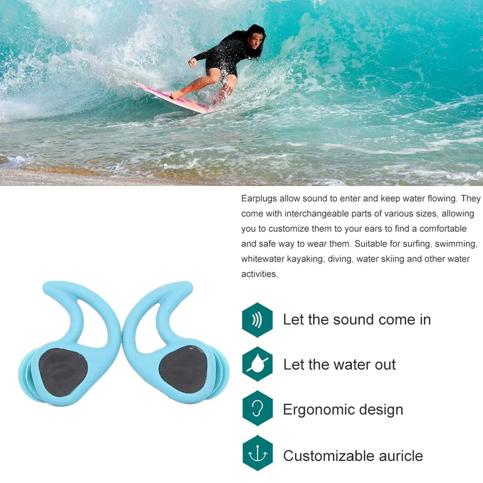 Swimming Ear Plugs for Adults, 3 Pairs Waterproof Reusable Silicone Swim Earplugs with Removable Cord,Perfect for  Water Sports
