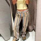 HXAO Rainbow Striped Jeans Women's Pants Spring 2026 Casual Straight Leg Mid-Waisted Trousers Fashion Streetwear Pants For Women