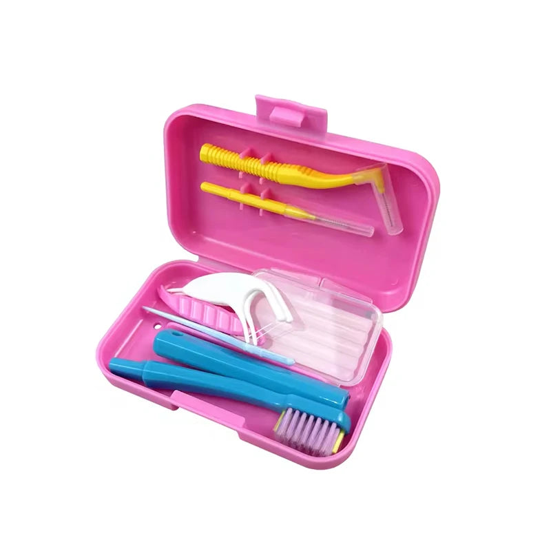 Portable Orthodontic Oral Dental Cleaning Kit Travel Foldable Toothbrush Dental Floss Interdental Brush Oral Care Cleaning Case