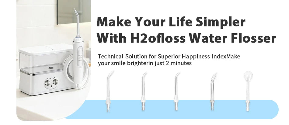 H2ofloss Water Flosser Portable Oral Irrigator 570ml 140PSI High Pressure 6 Modes 5 Nozzles with Storage Bag USB Rechargeable