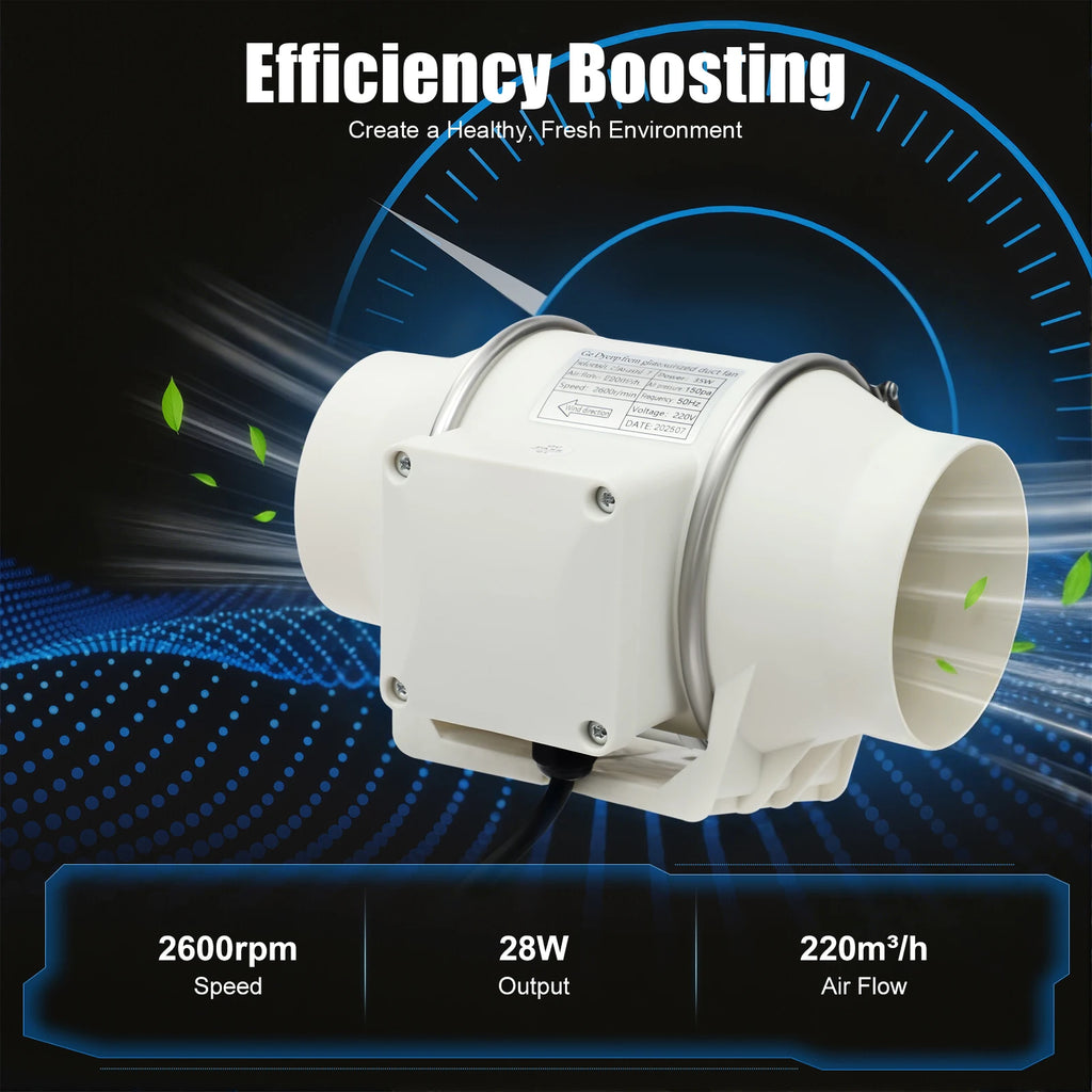 220V Duct Fan, Silent Inline Ventilation Exhaust Fan Air Ventilator for Kitchen/Bathroom/Bath, 2600rpm