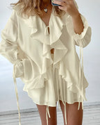 Casual Shorts Two-piece Set For Women Ruffled Loose Tie Top Simple Shorts Set OL Office Lady Summer Female Shorts Suit