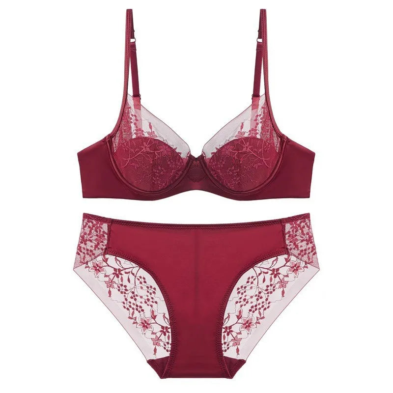 Luxury Women Lingerie Set Sexy Lace Embroidery Underwear French Thin Cup Push Up Bra Summer Mesh Breathable Intimates Bra Sets