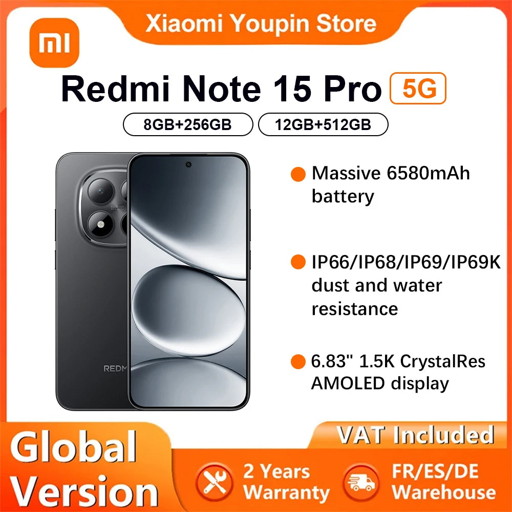 Global Version Xiaomi REDMI Note 15 Pro 5G smartphone 5G 6.83" 6580mAh 45W charging 200MP main camera IP66 IP68 IP69 IP69K