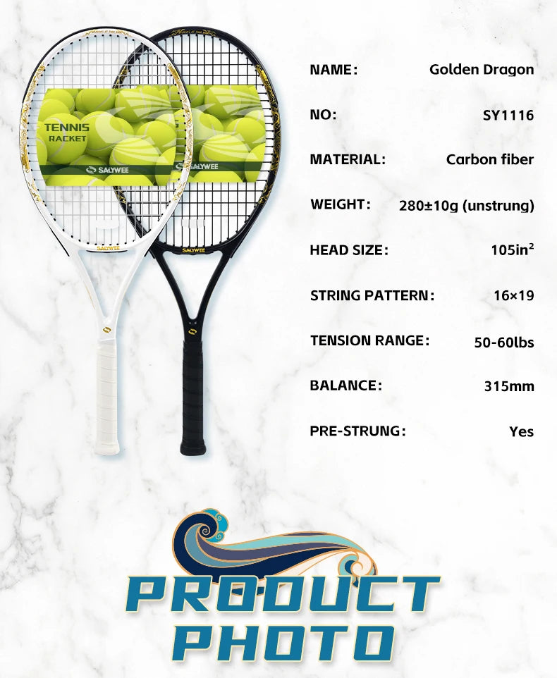 Golden-Dragon Carbon Fiber Tennis Racket For Adults, Ideal for Intermediate Training, Chinese Style Dragon, 50~60lbs, Free Gifts