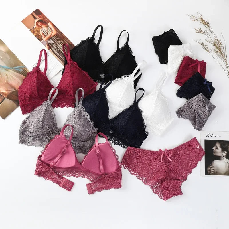 Women Push-Up Bra Set Sexy Lingerie Floral Lace Wire Free Bralette Low Rise Panties Sexy Briefs Female Underwear Intimates