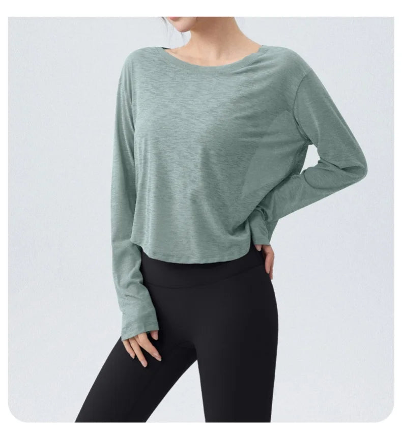 DRUR Women's Long Sleeve Yoga T-Shirts, Loose Fit Sports Fitness Crop Tops Casual Lightweight Thin Shirt For Gym Street Travel
