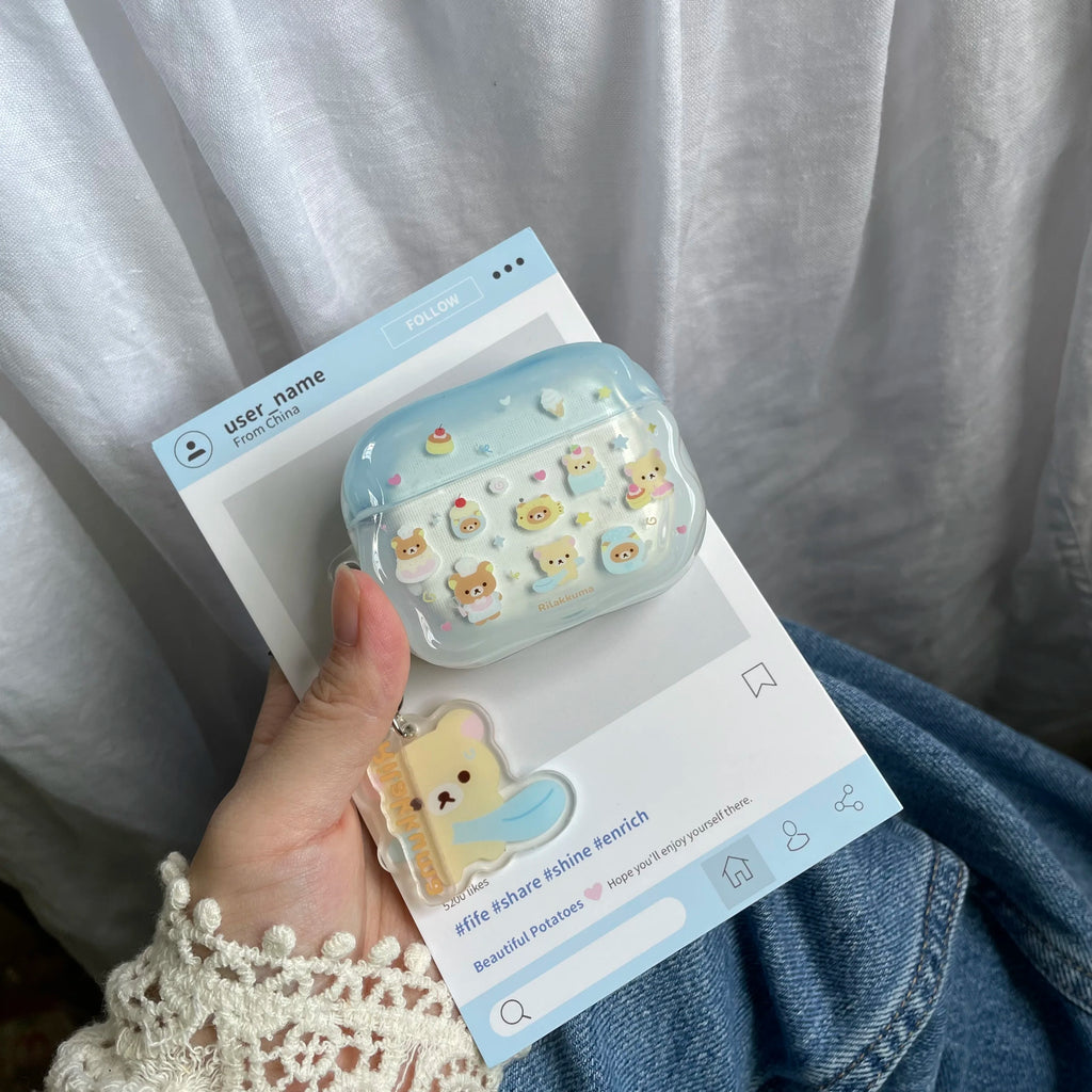 Cartoon Cake Bear Blue Wave Case for AirPods 2 3 4 ANC Cover with Keyring for Apple AirPod Pro 3 2025 Earphone Protective Cases