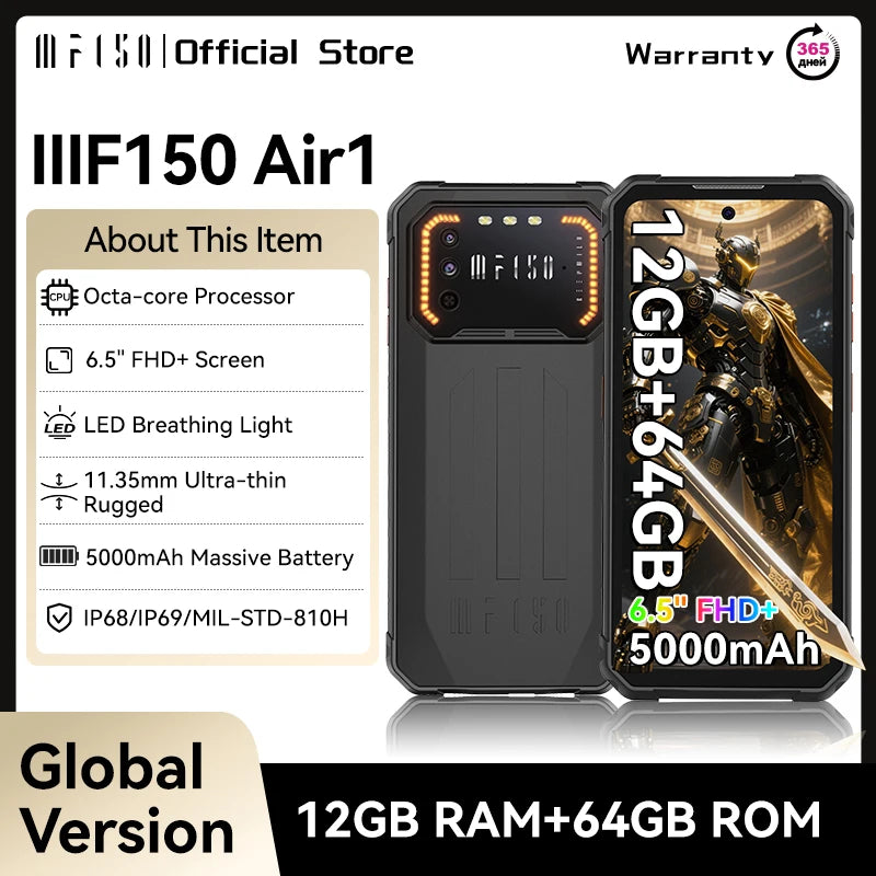 IIIF150 Air1 Rugged Phone Smartphone 5000mAh Battery 6.5" FHD+ Display 20MP Camera NFC IP68 IP69K 11.35MM Ultra-Thin Rugged