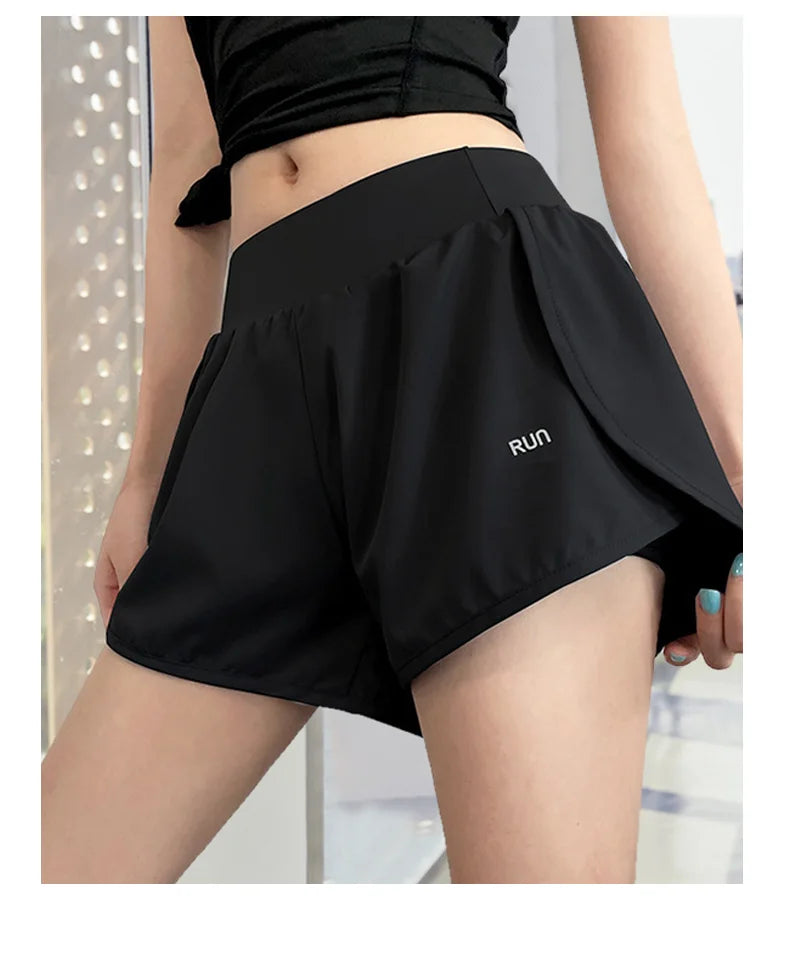 Women Leisure Sports Anti-exposure Fake Two-piece Slimming Sports Gym Nude Yoga Breathable Shorts