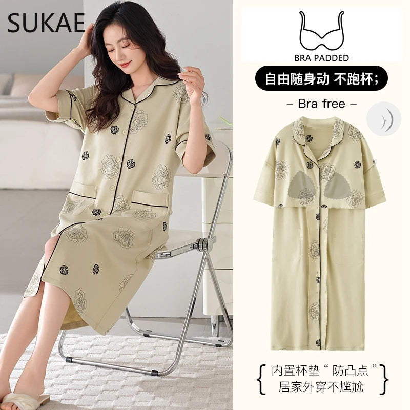 SUKAE Midi Nightdress M-5XL V-neck Bra Padded Botton Sleepshirt Plus Size Cotton Nightgowns Summer Women Short Sleeves Nightgown