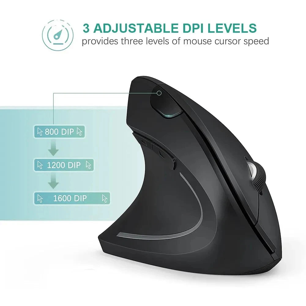 HOMEFISH Vertical Mouse Ergonomic 2.4GHz Wireless Optical Mice 3 Adjustable DPI 800/1200/1600 6 Buttons for Laptop PC Computer