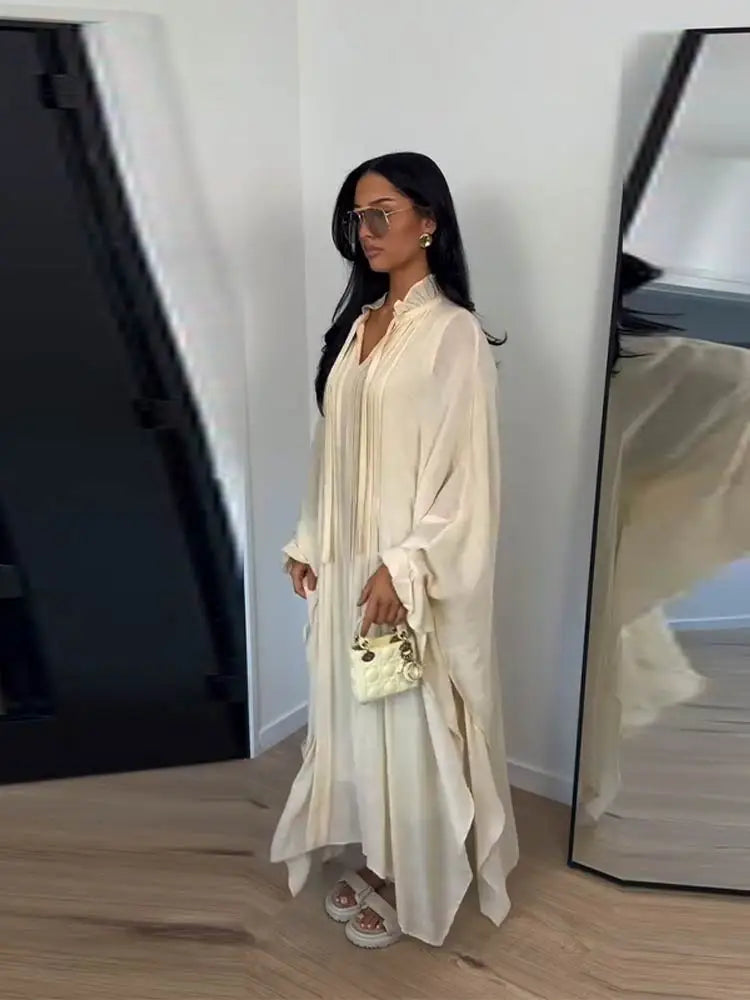 Maxi Dress Women's Dresses Batwing Sleeve Beige Ruffle Tie Neck Pleated Oversized Woman Clothes Casual Wear Summer Outfit