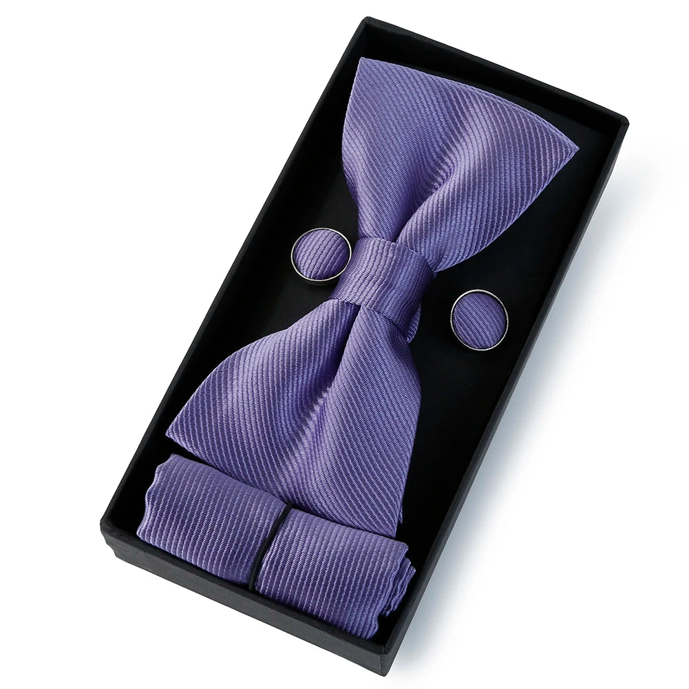 HUISHI Classic Black Bowtie Bow Ties For Mens Butterfly Bowknot Pocket Square Cufflinks Suit Set Bussiness Accessories Gift Box
