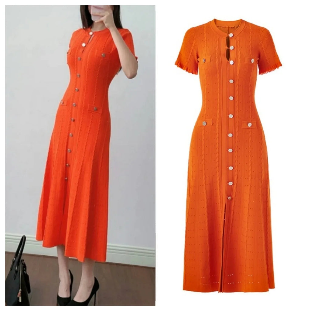 Summer Solid Round Neck Short Sleeved Office Lady Knitted Dress Women Korean Single Breasted Hollow Out Long Dress Fashion Trend