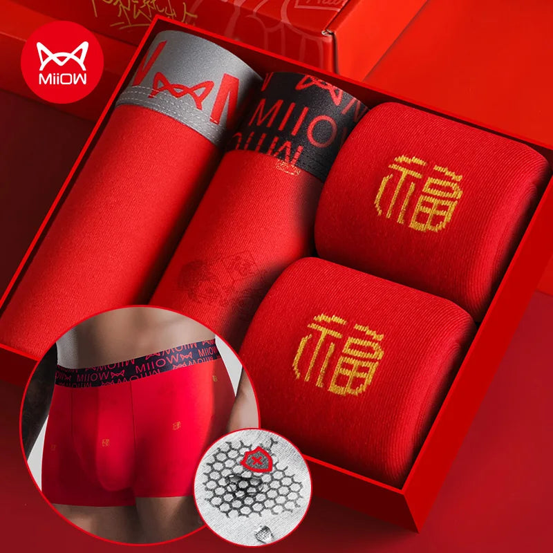 MiiOW Organic Cotton Boxer Socks Set Men Underwear Boxers Trunks Antibacterial Male Panties Boxershorts Underpants Red L-3XL New Main image