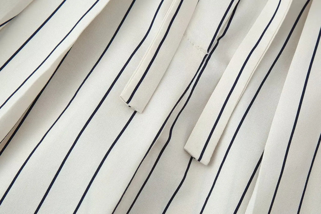 HH Women Spring New Fashion Vintage Versatile Beige Striped Puffy Sleeve Shirt+High Waisted Loose Pleated Casual Long Pants Set