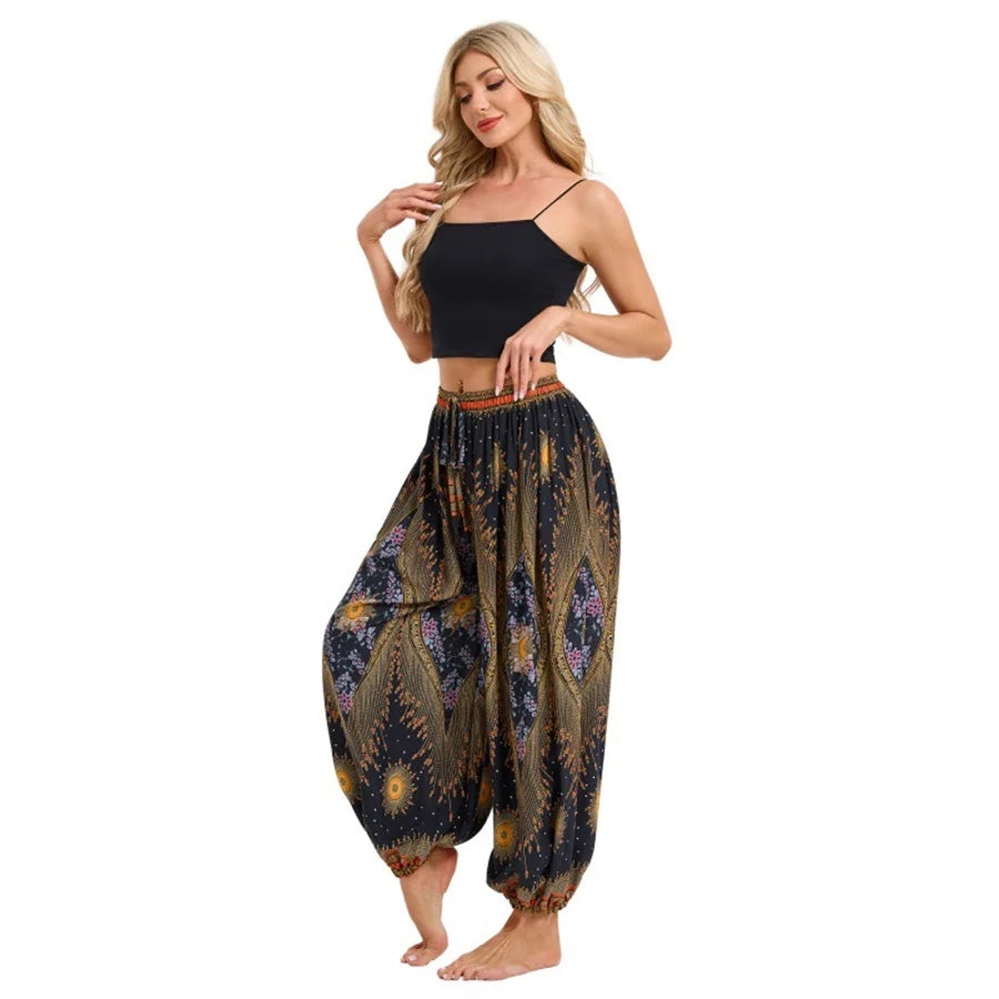 Women's Boho Wide Leg Harem Pants Adult High Waist Yoga Loose Lantern Pants Breathable Beach Trousers Vacation Printed Jagger