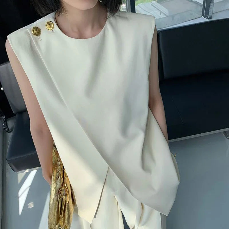 Beige two-piece suit women's summer 2024 new irregular fashion sleeveless vest top high waist wide-leg pants suit