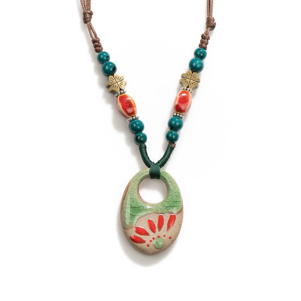 Handmade Vintage Ceramic Necklace Retro craft pottery Ethnic Style Chinese Pendant Unique Women's Accessory  X840G