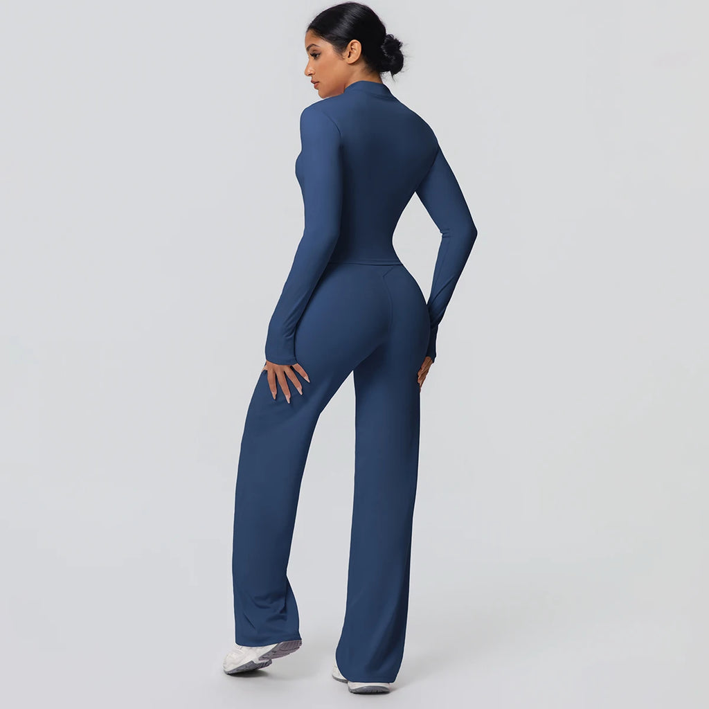 2pieces Quick Drying Sports Fitness Clothing Yoga Set Women Yoga Zipper Long Dleeves High Waisted Breathable Wide Leg Pants Set