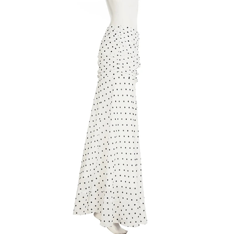 hirigin Polka Dot Floor-length Chiffon Skirt French Style Ruffled Mesh A-line Skirts Elegant Maxi Bottoms High Waist Streetwear
