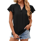 New Women V-Neck Loose Pullover Chiffon Shirts Elegant Fashion Solid Color Ruffles Female Blouse Summer Casual Short Sleeve Tops
