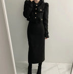 Beige Tweed Jacket + High Waisted Skirts Women Winter  Golden Button 2 Piece Sets Wool Luxury Vintage Skirts Sets Autumn