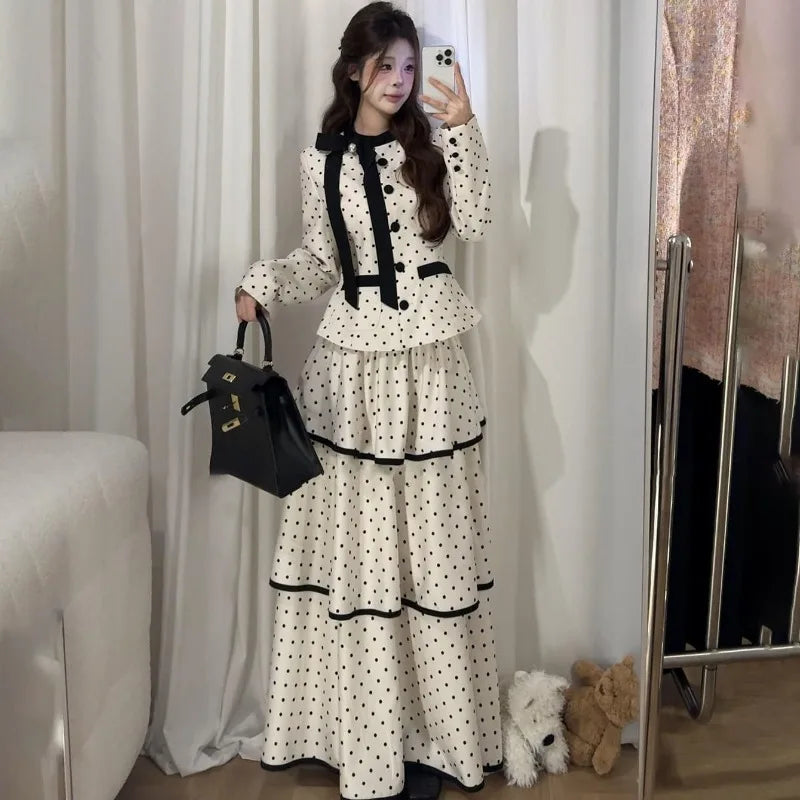Korean Fashion Elegant Beige Polka Dot Women Set Long-sleeved Single Button Top High Waist A-line Ruffled Tiered Long Skirt 2pcs
